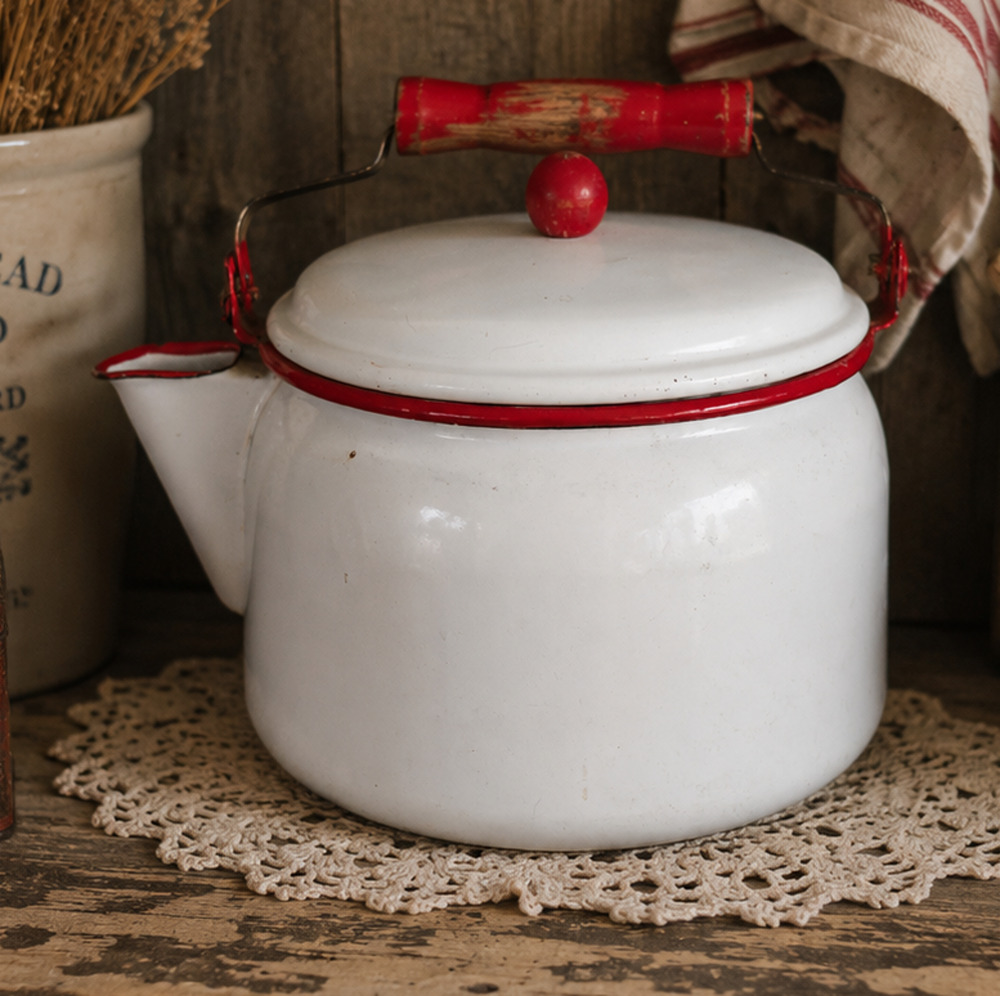 🏕️🚙Enamelware Kettle Coffee Pot White Red Wood Handle Farmhouse Camp Cowboy